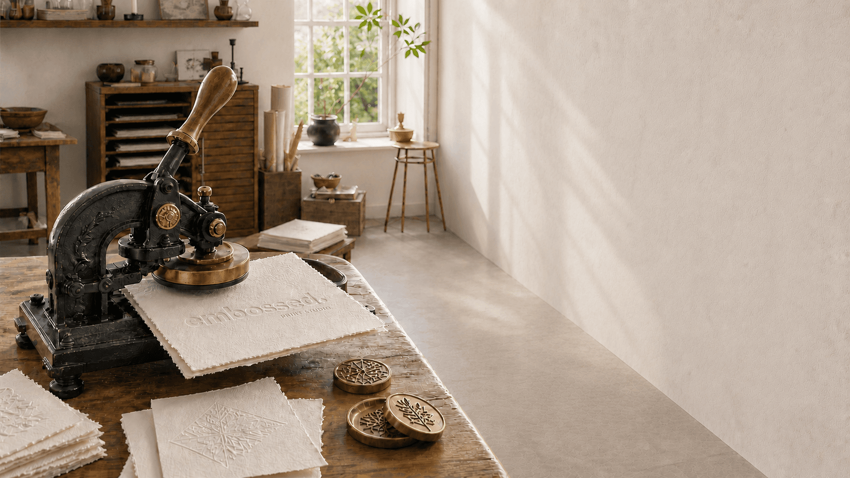 Embossed Studio's antique hand embosser pressing the studio's logo into a sheet of handmade paper, on a wooden worktable in natural window light